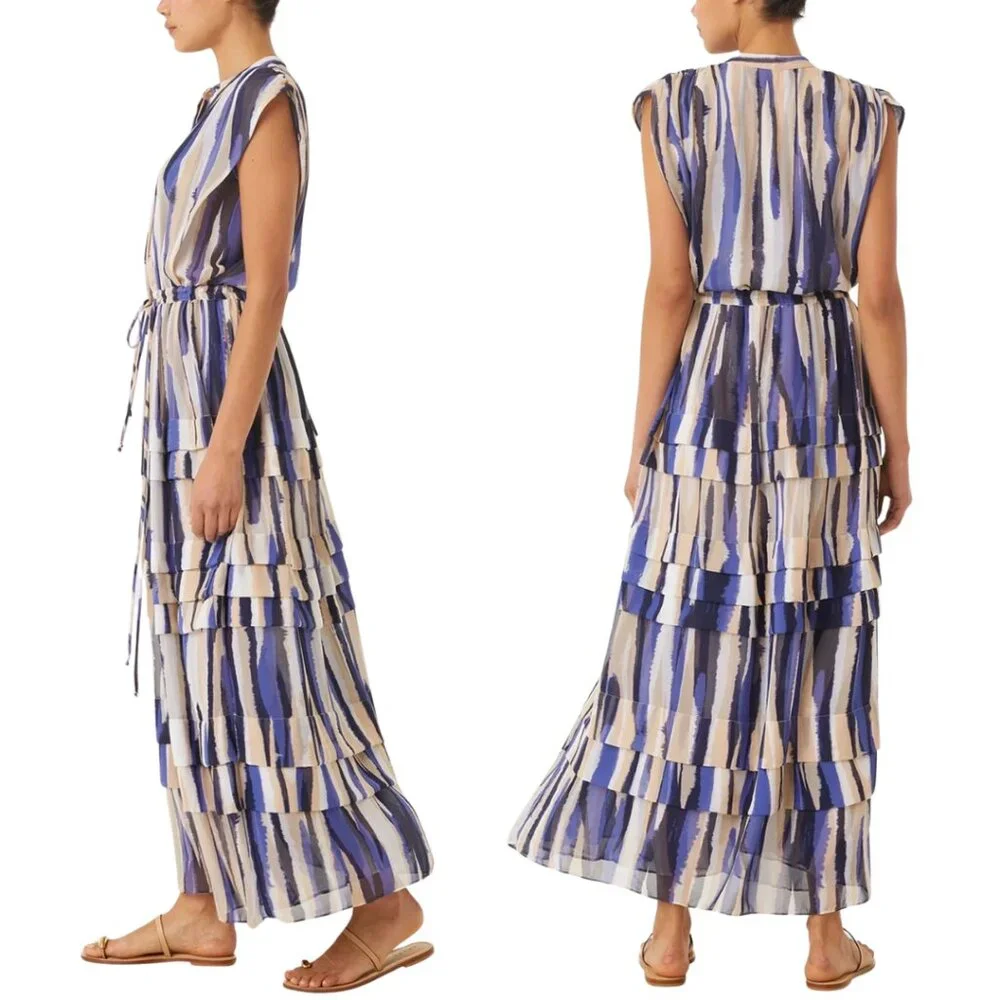 Misa Los Angeles Ulricha Striped Button Up Tiered Maxi Dress Women's Medium Blue - Picture 2 of 16